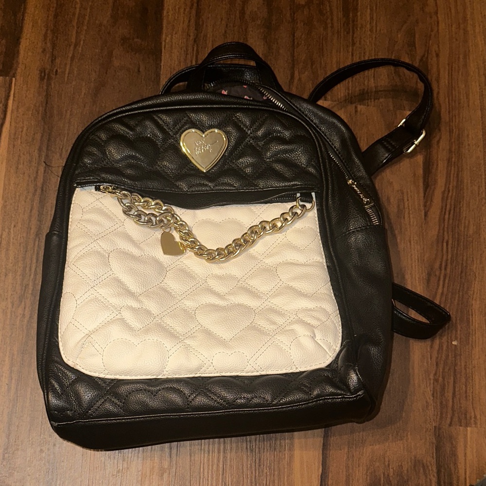 Betsey Johnson Black and Cream Heart-Patterned Backpack